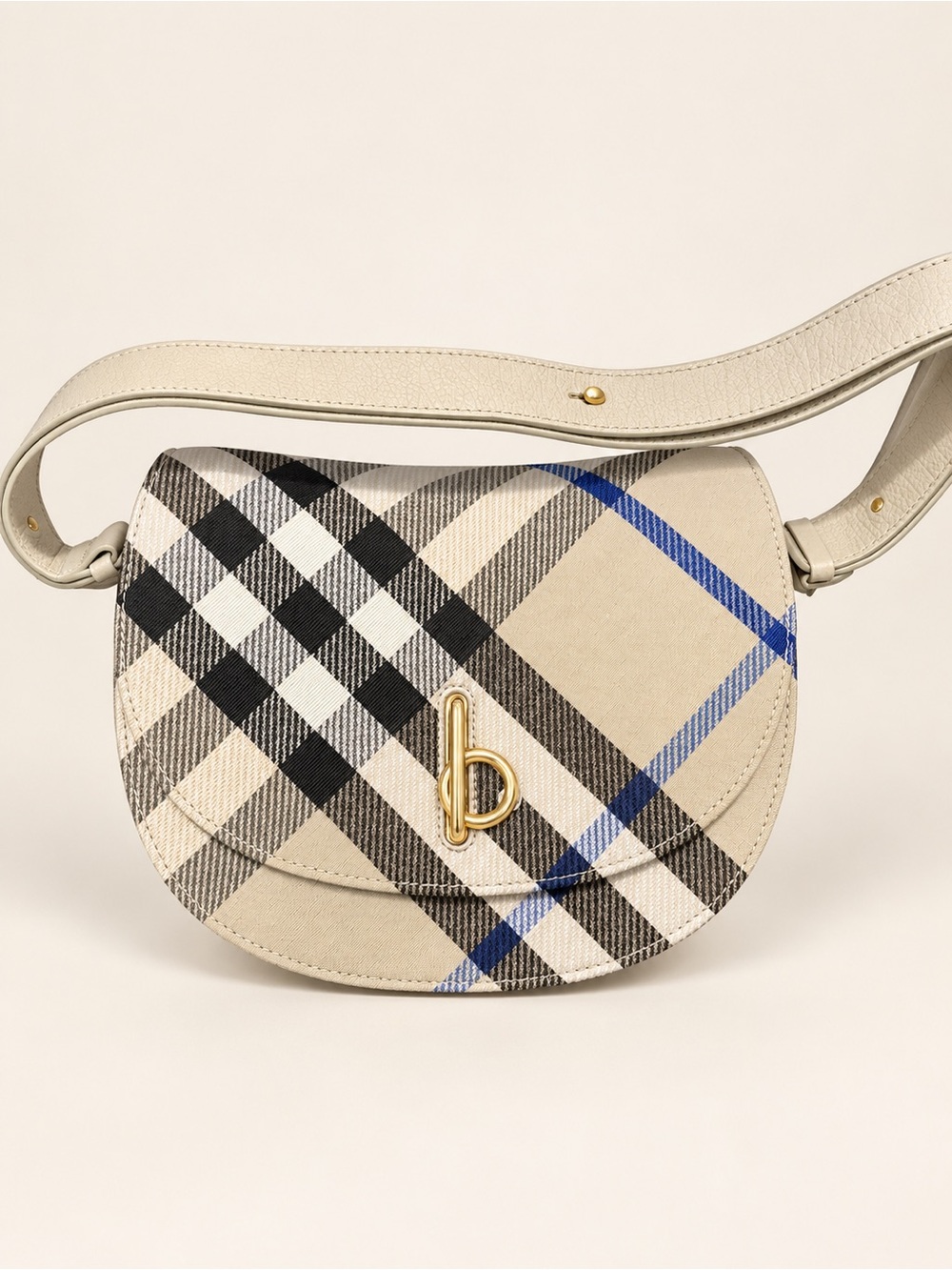 Burberry Beige Plaid Crossbody with Blue and Black Stripe